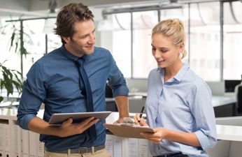 Two office workers in a meeting