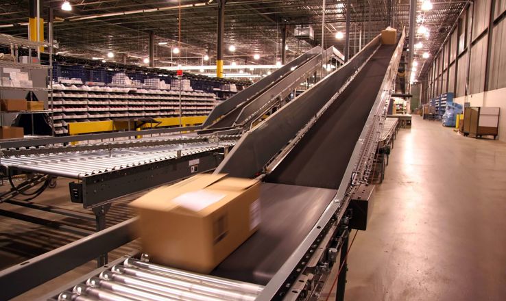 Box on a warehouse conveyor belt